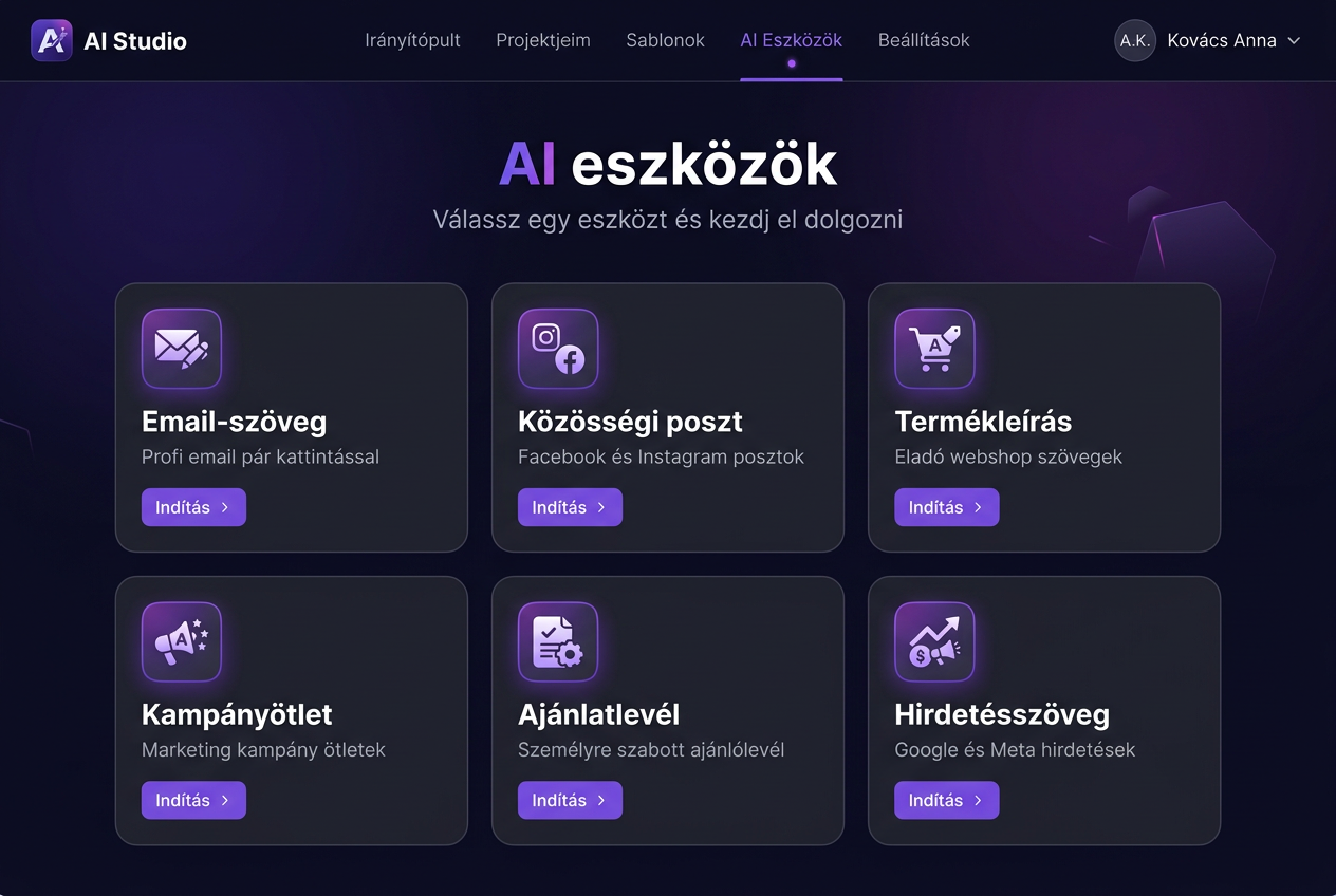 AI eszközök panel képernyőkép