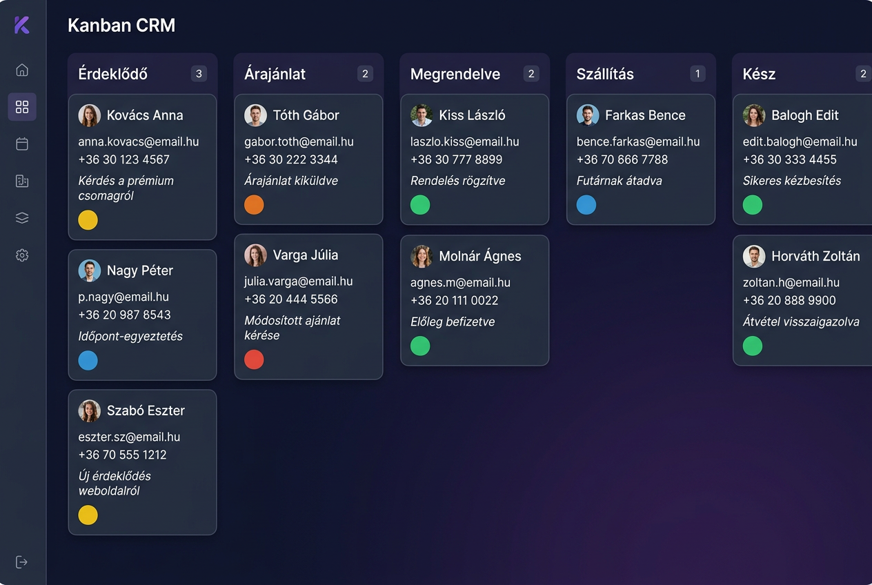 Kanban CRM tábla képernyőkép